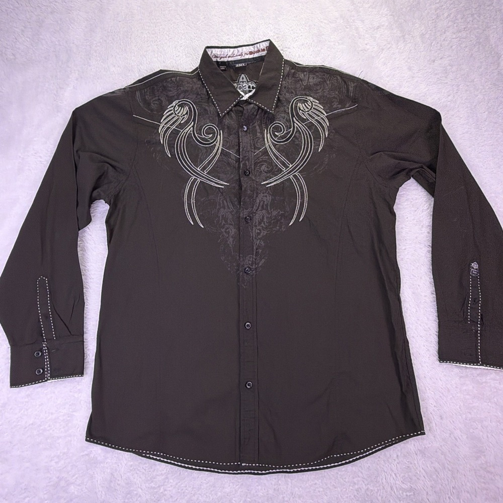 Roar Embroidered Dress Shirt Men's 2XL Black Western Grunge Festival Classic